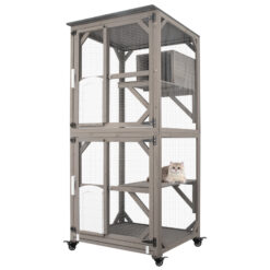 PETSCOSSET Large Outdoor Cat Enclosure, Catio with Wheel & Resting Box,Brown