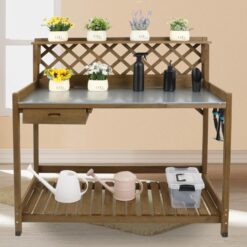 PETSCOSSET GF11 Garden Potting Wooden Benches & Tables, W/Metal Table Top, Drawer, Large Bottom Shelf, Open Shelf,Natural Stained