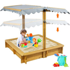 Petscosset GF04 Wooden Sandbox with Cover, Outdoor Kids Sand Box with Lid, Reinforced Bench Seats,Brown