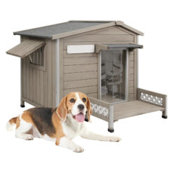 PETSCOSSET PET66 Wooden Dog House Outdoor, Weatherproof Durable Dog Kennel Outside with Porch,27.34/30/27.8in,Grey