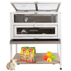 PETSCOSSET PET39 3-Tier Wooden Hamster Cage with Storage Shelf Indoor Outdoor Large Guinea Pig Cage House and Habitat,White/Grey